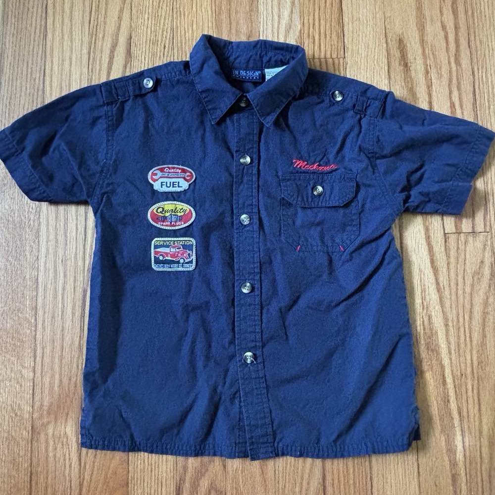 VINTAGE In Design Boys‎ Size 7 Button Down Short Sleeve Mechanic Car Patches